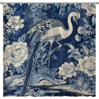 Yiran Furniture Aqua Tealblå Asiatisk Scenisk Duschdraperi Orientalisk Forntida Pagod Kina Trädgård Badrumsdraperi Chinoiserie Stil Badrumsdraperi W90xH180cm