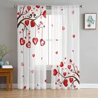 Yiran Furniture Tecknad Glad Alla hjärtans dag Rött Hjärta Blomma Tyll Skira Voile Fönstergardiner Persienner för Vardagsrum Sovrum Heminredning 2 st W70X185H(cm)x2Pcs&Hook