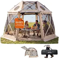 Vevor Pop-up-paviljongtält med skärm, 3,6x3,6 m, 13-sidigt sfäriskt campingtält med avtagbart tak och bärväska, snabbmonterat och bettsäkert, skärmtält med solskydd för 8-10 personer, beige