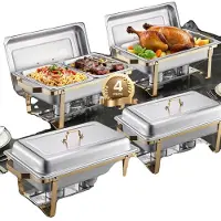 Vevor Varmdiskbufféset, 8 liter, 4-pack, rostfritt stålvärmare med 2 fullstora och 4 halvstora pannor, rektangulär cateringvärmare med lock, vattenpanna, för bröllop, fester, banketter, guld