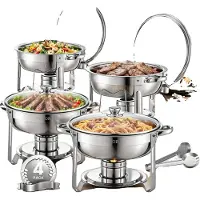 Vevor Varmdiskbufféset, 5 liter 4-pack, varmdisk i rostfritt stål med 4 fullstora pannor, rund cateringvärmare med glaslock, vattenpanna, hopfällbart stativ, bränslehållare, för bröllopsfest, bankett