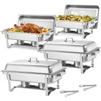 Vevor Rektangulär Varmfack, 9 Qt 4-pack Rostfritt Stål Varmfack, Matvärmare Varmfack Komplett Set med Ihåligt Handtag, 2 Mattänger, Lock, Behållare, Varmfack för Bankett, Fest, Bröllop