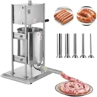 Vevor Manuell korvfyllare, 10 l vertikal köttfyllare, korvfyllningsmaskin med dubbla hastigheter, kraftig fyllare i rostfritt stål med 5 fyllningsrör, för kommersiellt och hemmabruk