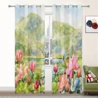 Yiran Furniture Lotus Hög Skuggning Gardiner för Vardagsrum Landskap Mörkläggande Fönstergardin för Sovrummet Estetiskt Rumsbakgrundsgardin Ny W55 X H120cm X 2&Grommet Top beige