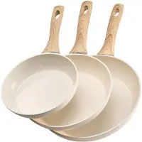 Vevor Stekpanna, Äggpannor i Aluminium, 3 st (200, 240, 280 mm), Stekpannor i Keramik med Värmebeständigt Handtag, Kockens Köksredskap för Gas, El, Induktion, Beige