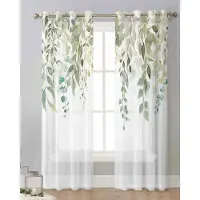 Yiran Furniture Grönt Löv Eukalyptus Växt Tyll Vardagsrumsdekoration Transparenta Skira Gardiner Sovrum Kök Voile Chiffong Draperier W50X130H(cm)x2Pcs&Grommet Top