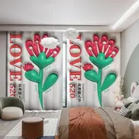 Yiran Furniture Anpassad Modern Enkel Hög Skuggning Gardin Tecknad Rosa Kärlek Tulpan Ins 3D Barnrum Sovrum Burspråksfönster Tjock Mörkläggningsdraperi W55 X H120cm X 2&Grommet Top blue