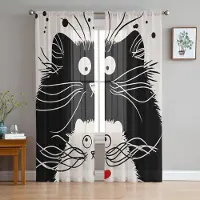 Yiran Furniture Djur Söt Svartvit Katt Husdjur Konst Skira Gardiner för Vardagsrumsdekoration Fönstergardiner Kök Tyll Voile Gardiner W135 x H115cm x1&Grommet Top gray