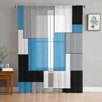 Yiran Furniture Aqua Turkos Svart Grå Lapptäcke Abstrakt Konst Skira Gardiner för Vardagsrum Fönstergardiner Kök Tyll Voile Gardiner W135 x H115cm x1&Grommet Top white