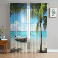 Yiran Furniture Båt Ankare Ränder Rektangel Vit Tyll Skira Fönstergardiner för Vardagsrum Sovrum Modern Voile Organza Gardiner Draperier W135 x H115cm x1&Grommet Top white