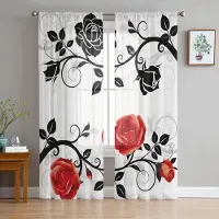 Yiran Furniture Rosblomma Rosa Rand Chiffong Skira Gardiner för Vardagsrum Sovrum Heminredning Fönster Voiler Tyll Draperier Gardin W135 x H115cm x1&Grommet Top black