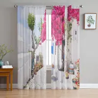 Yiran Furniture Grekland Santorini Blåtak Kyrka Skira Gardiner för Vardagsrumsdekoration Fönstergardiner Kök Tyll Voile Organza Gardiner W135 x H115cm x1&Grommet Top pink