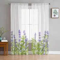 Yiran Furniture Lila Blomma Lavendel Romantik Skira Gardiner för Vardagsrumsdekoration Fönstergardin Kök Tüll Voile Organza Draperier W135 x H115cm x1&Grommet Top white