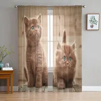 Yiran Furniture Djur Katt Måne Stjärnor Retro Tyll Skira Gardiner för Vardagsrumsdekoration Fönstergardin för Sovrum Voile Organza Draperier W135 x H115cm x1&Grommet Top beige