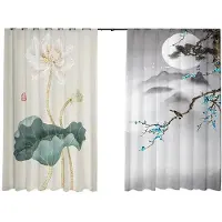 Yiran Furniture Kinesisk gardinskärm Ny kinesisk vardagsrum Högkvalitativ atmosfär Bläck Lotusblomma Retro Zen Hög skuggning Nytt modemönster W55 X H120cm X 2&Grommet Top gray
