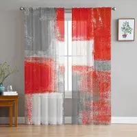 Yiran Furniture Oljemålning Abstrakt Geometrisk Gul Grå Skira Gardiner för Vardagsrumsinredning Fönstergardiner Kök Tyll Voile Gardiner W135 x H115cm x1&Grommet Top red