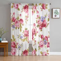 Yiran Furniture Retro Växt Vit Blomma Abstrakt Skira Gardiner för Vardagsrumsdekoration Fönstergardin Kök Tulle Voile Organza Draperier W135 x H115cm x1&Grommet Top white