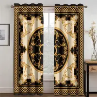 Yiran Furniture 3D Modern Lyx Svart Guld Klassiskt Mönster Varumärkes LOGO Tunn Skuggning 2 Paneler Gardin för Sovrum Vardagsrum Hem Krok Dekor 100W130H(CM)40x51in&Rod Pocket brown