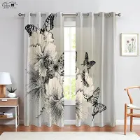Yiran Furniture Vacker Dröm Fjäril Blomma 3D-Tryck Gardin Retro Fransk Pastoral Fräsch Sovrum Vardagsrum Studier Dekoration Gardin W50xH130(CM)x2PCS&Rod pocket gray