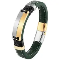 YIRAN Jewelry Nytt dubbelradigt glansigt rostfritt stål trendigt coolt smycke unisex punk pararmband grönt brett läder berlockarmband 23cm grön