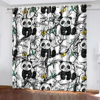 Yiran Furniture Kinesisk nationalskatt pandamönster digitaltryckt gardin vardagsrum sovrum 90g polyesterfibermaterial två paneler W50xH130(CM)x2pcs&Grommet Top marinblå färg