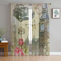 Yiran Furniture Alfabet Bilmaskineri Vintagebil Retro Tunn Skir Fönstergardiner för Vardagsrum Sovrum Voile Organza Gardiner Draperier W135 x H115cm x1&Grommet Top gray