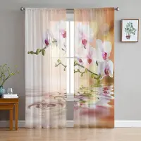 Yiran Furniture Orkidé Svart Sten Rosa Blomma Vita Tyll Skira Gardiner för Vardagsrumsinredning Fönstergardin för Sovrum Voile Organza Draperier W135 x H115cm x1&Grommet Top white