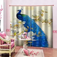 Yiran Furniture Gröna Påfågelfjädrar Mörkläggningsgardiner Vackert Akvarell Fågel Blomma Pionmönster Vardagsrumsdekor Skuggande Tyg Draperi 2 st W55 X H120cm X 2&Grommet Top blue