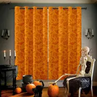 Yiran Furniture Halloween Dekoration Gardiner Skräckslott Kreativa Tecknade Tryck Gardiner Barnrum Restaurang Fest Dekoration Gardiner W50xH130(CM)x2PCS&Rod pocket orange