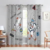Yiran Furniture Tecknade Rymdgardiner för Pojkar Flickor Sovrum Lekrum Vardagsrum ,Barn Astronaut Planet Stjärnkonst Tryckta Fönstergardiner W60xH100(CM)x2pcs&Rod Pocket gray