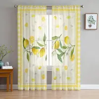 Yiran Furniture Idylliska sommarrutiga citronfrukter, skira gardiner för vardagsrumsdekoration, fönstergardin, kök, tyll, voile, organza, draperier W135 x H137cm x1&Grommet Top white