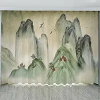Yiran Furniture Nytt kinesiskt landskap Bläcklandskapsmålning Kinesisk stil Vardagsrum Balkong Te-rum Skiljevägg Fönster 2 paneler 100W130H(CM)40x51in&Grommet Top gray