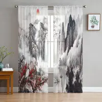 Yiran Furniture Landskap Trädgårdslandskap Chiffong Skira Gardiner för Vardagsrum Sovrum Heminredning Fönster Voiles Tyll Draperier Gardin W135 x H115cm x1&Grommet Top gray