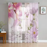 Yiran Furniture Lila Blommor Abstrakt Skrivbordskonst Chiffong Skira Gardiner för Vardagsrum Sovrum Dekoration Fönster Voiler Tyll Draperier Gardin W135 x H115cm x1&Grommet Top white
