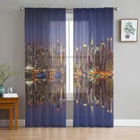Yiran Furniture Urban Bridge Brooklyn Solnedgång Stadsbyggnad Tyll Skira Fönstergardiner för Vardagsrum Sovrum Voile Organza Gardiner Draperier W135 x H115cm x1&Grommet Top gray