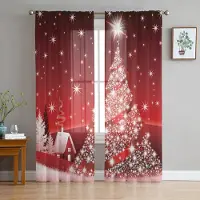 Yiran Furniture Julklockor Julgran Fönster Chiffong Skira Gardiner för Vardagsrum Sovrum Dekoration Fönster Voiler Tyllgardin W135 x H115cm x1&Grommet Top black