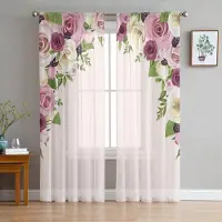 Yiran Furniture Lila Lavendel Gröna Blad Växt Fält Tyll Skira Gardiner för Vardagsrum Sovrum Inredning Fönstergardin Voile Organza Draperier W135 x H115cm x1&Grommet Top white
