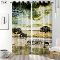 Yiran Furniture Djur 3D-tryckta Gardiner Tiger Lejon Krokodil Giraff Elefant Apa Pingvin Räv Kanin Igelkott Drake Tecknad Anime Gardin W50xH130(CM)x2PCS&Grommet Top beige