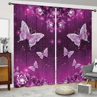 Yiran Furniture 2 st Lila Och Blå Kristall Fjäril Blommor Tryckta Gardin Stång Ficka Fäste Digitaltryckta Gardiner För Vardagsrum Kläder 2x50W100H(CM)&hook blue