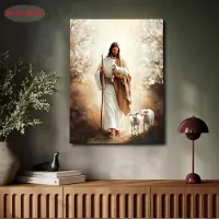 DIMENGQI Herde Kanvasmålning - Jesus med Får, Inspirerande Kristet Väggdekor Väggkonst Kanvastryck Bilder för Vardagsrumsinredning 40x60cm white