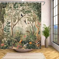 Warmth Home 1 st Botanisk Djungel Duschdraperi - Tropisk Skogsdesign, Exotiska Fåglar & Djur, Frodig Grönska, Rödorange Blommor, Polyester W150XH180cm