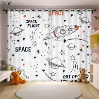 Yiran Furniture Tecknad Universum Gardiner Astronaut Rymdskepp Raket Måne Alien Barnrum Barnsovrum 3D-tryckta Gardiner 2 st W50xH160(CM)x2PCS&Rod pocket