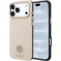 GUESS MagSafe-fodral, strukturerad yta, runda strass & logotyp för iPhone 18/17 Pro – beige