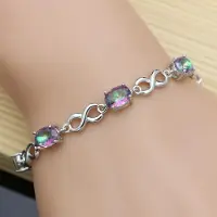 Yiran pet products Vackert Regnbågs Mystic Fire Cz Armband Massiv Äkta 925 Sterling Silver Smycken För Kvinnor Gratis Presentask & Frakt beige