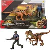 Mattel Jurassic World Rebirth Människa & Dinosaur Figurpaket, Duncan Kincaid & Velociraptor, 3,75 tum